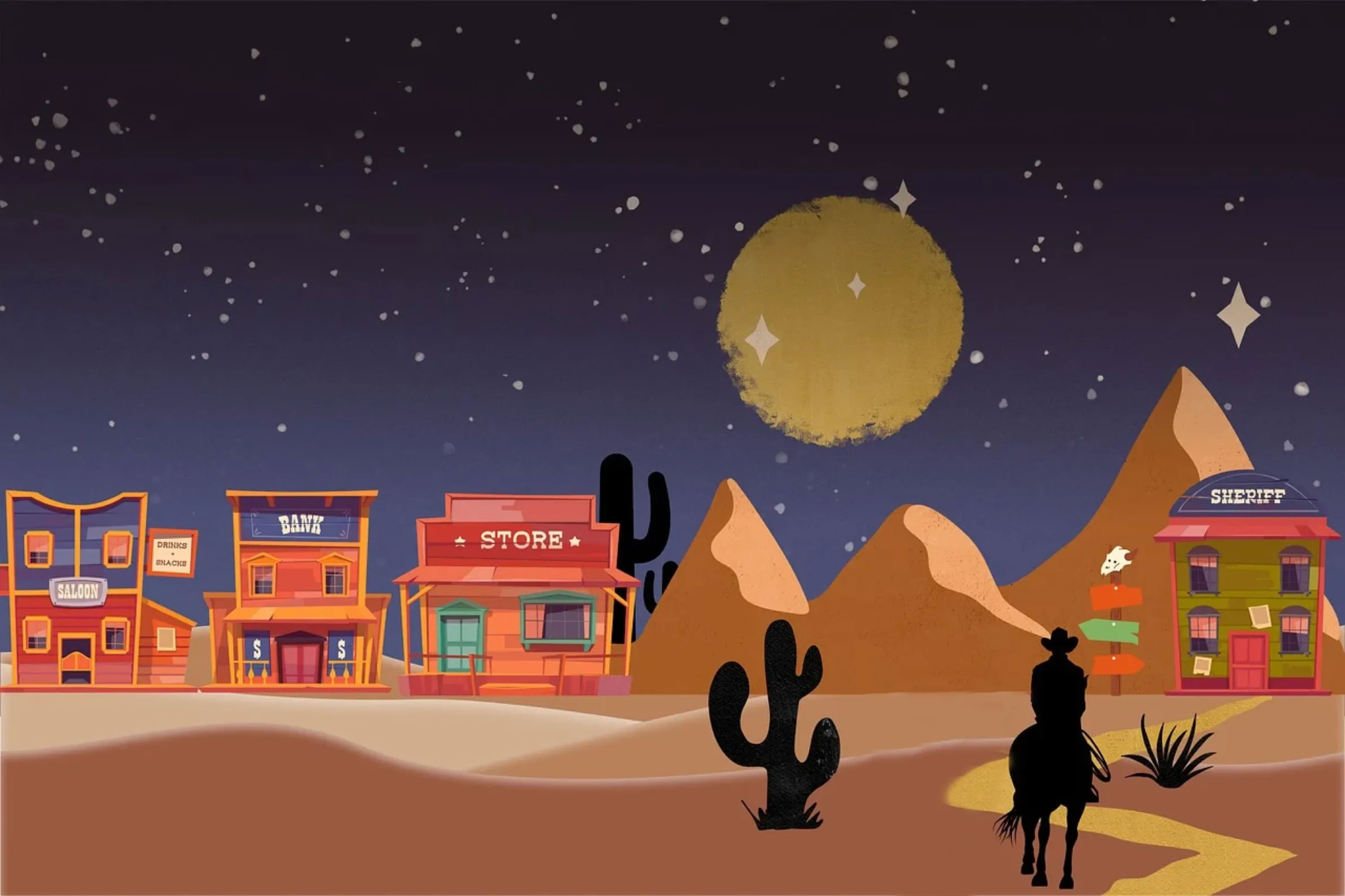 Eine nächtliche Wüstenlandschaft mit Sternenhimmel, einem großen Mond, mehreren Gebäuden im Westernstil, Kakteen und einer Person auf einem Pferd.