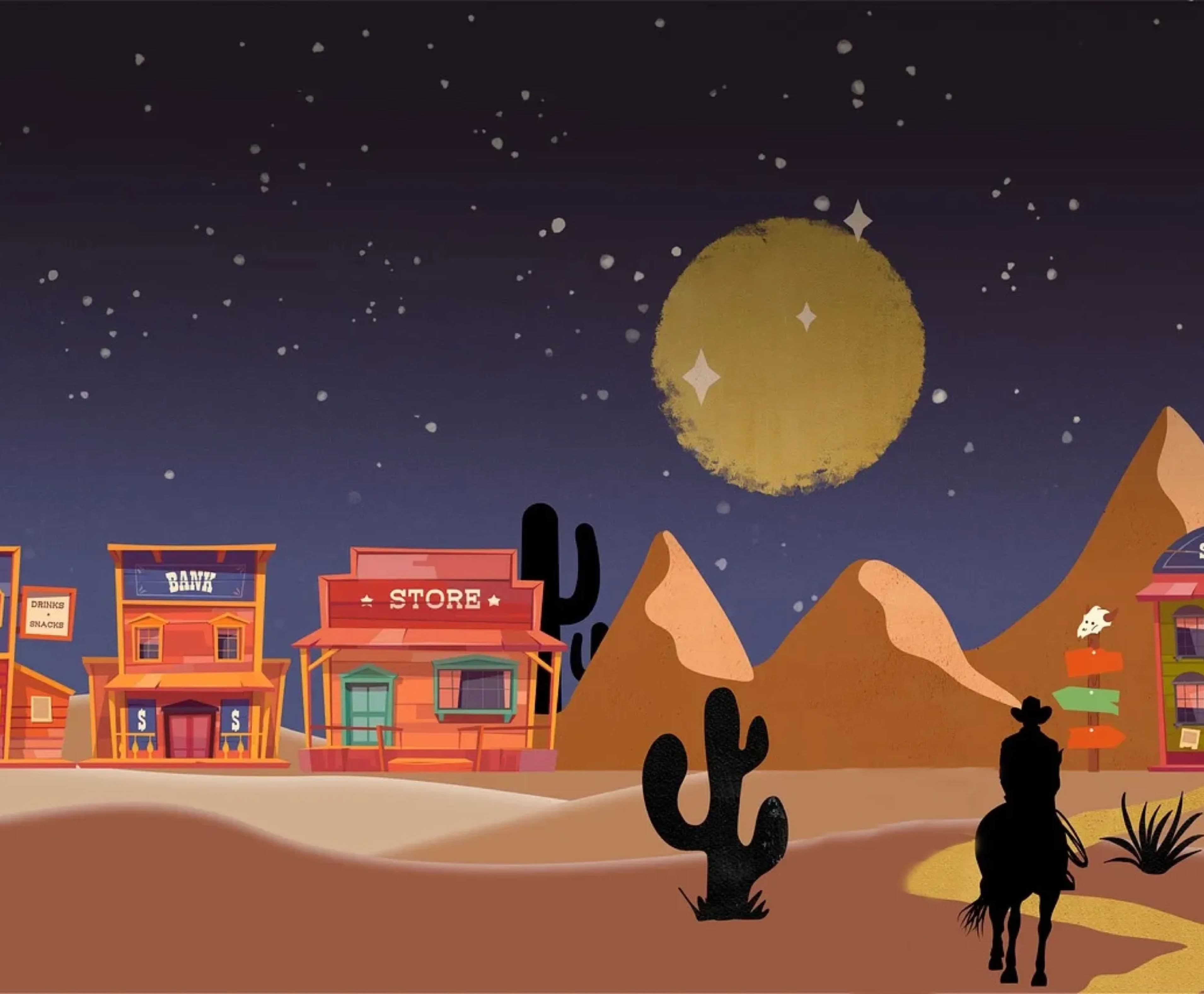 Eine nächtliche Wüstenlandschaft mit Sternenhimmel, einem großen Mond, mehreren Gebäuden im Westernstil, Kakteen und einer Person auf einem Pferd.