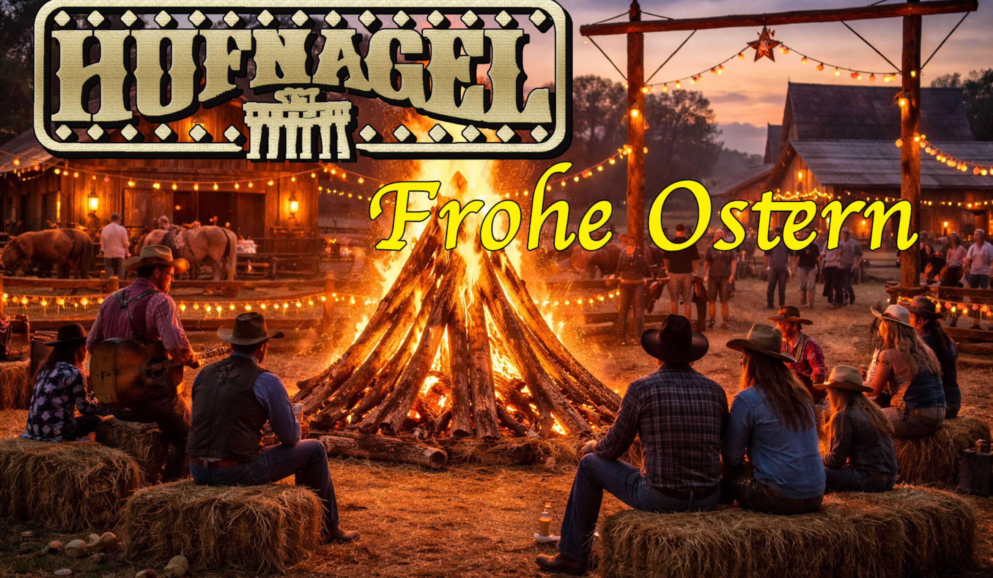 Menschen sitzen auf Heuballen um ein großes Lagerfeuer, im Hintergrund sind Lichterketten und Gebäude zu sehen, mit dem Text "Hufnagel" und "Frohe Ostern".